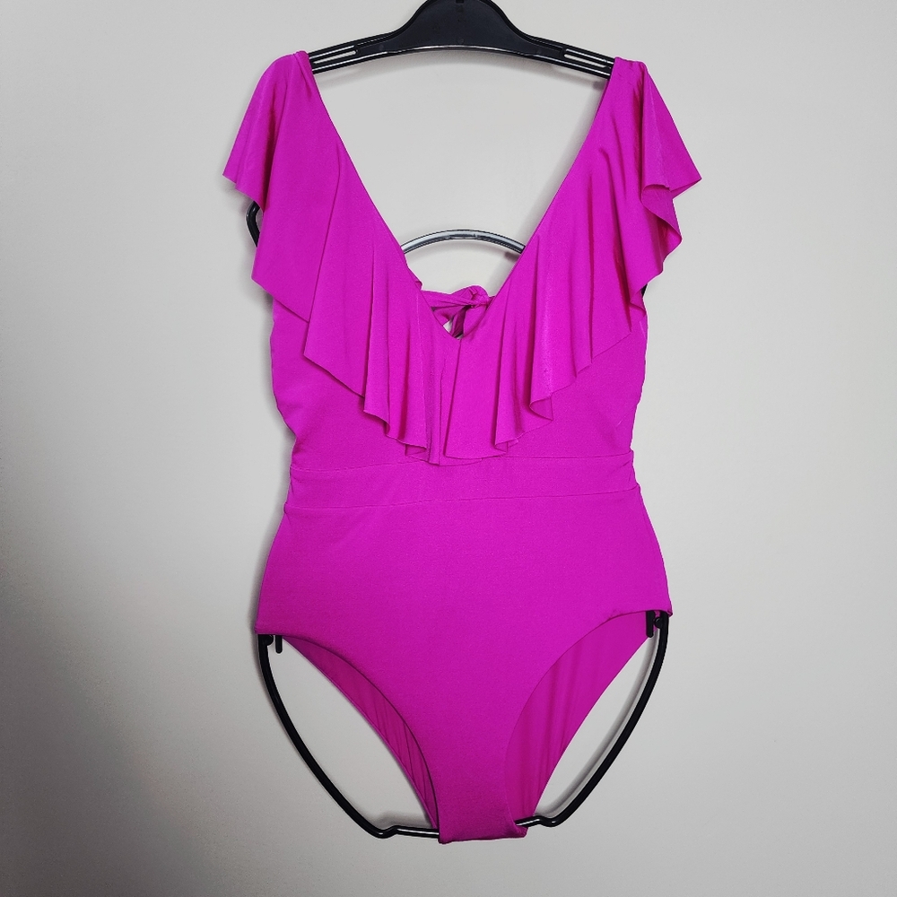 Trina Turk Swimsuit Atlas Ruffle Plunge One Piece Hot Pink